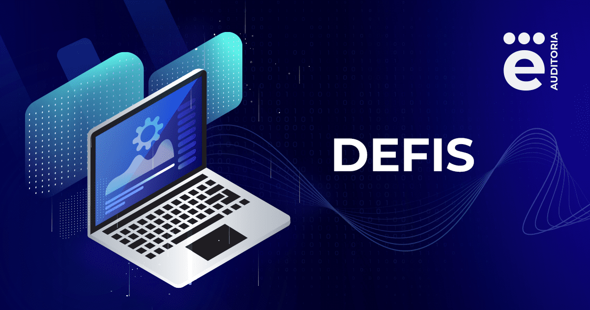 A imagem apresenta um fundo azul com dois inserts: à esquerda um computador; e à direita o texto "DEFIS". O logo da e-Auditoria aparece no canto superior direito.