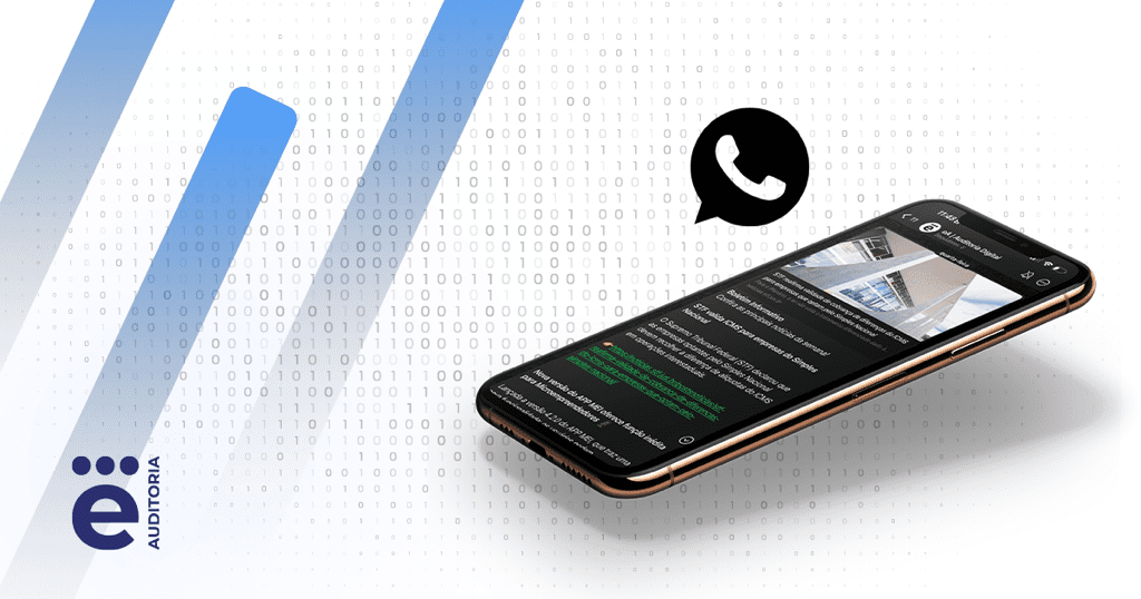 A imagem apresenta um fundo branco com listras azuis e uma inserção à direita, de um celular e um ícone do WhatsApp.