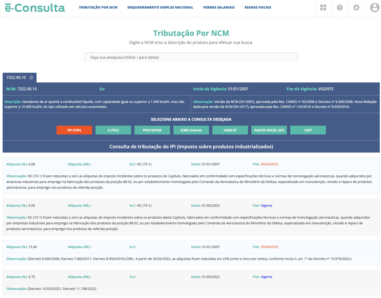 A imagem apresenta uma captura de tela do módulo e-Consulta, onde a Tabela TIPI pode ser consultada.