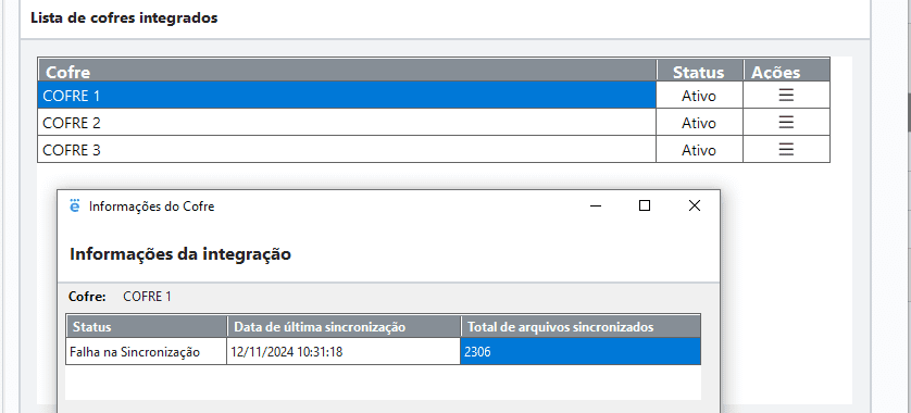 A imagem apresenta uma captura de tela do recurso Lista de Cofres, da plataforma eA. A captura é uma demonstração do novo recurso de Conciliação SPED, DCTF E DARF.