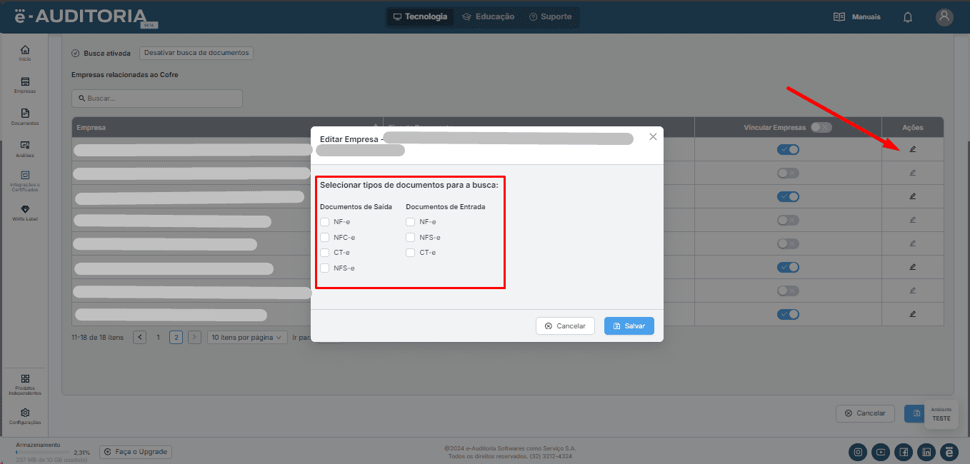 A imagem apresenta uma captura de tela do recurso alteração de documentos, da plataforma eA. A captura é uma demonstração do novo recurso de Conciliação SPED, DCTF E DARF.