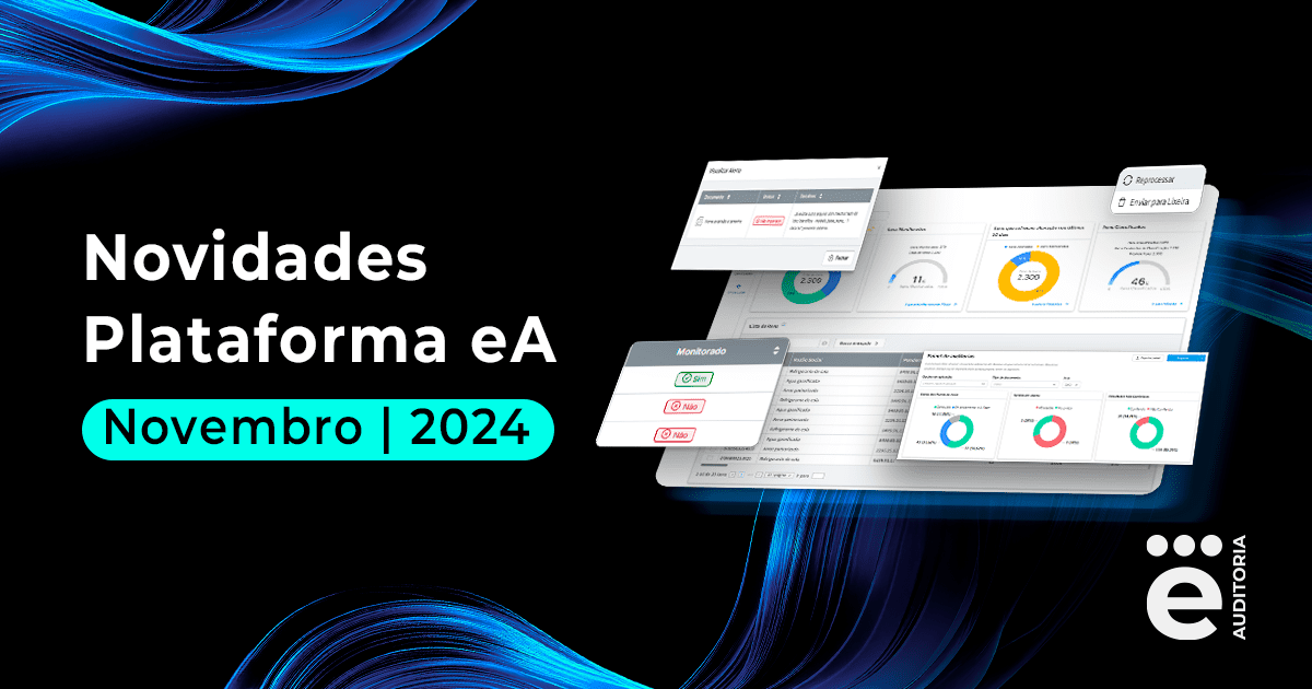 A imagem apresenta um fundo preto com listras azuis e, à esquerda, uma inserção escrita Novidades da Plataforma eA - Novembro de 2024. Á direita, estás uma inserção de capturas de tela da Plataforma eA. É uma imagem para a publicação sobre conciliação SPED, DCTF, DARF e Integração do SIEG na plataforma eA.