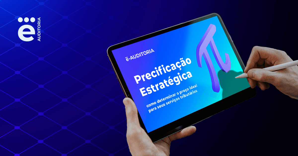 A imagem apresenta um fundo azul com as mãos de uma pessoa escrevendo em um tablet, que está apresentando o eBook de Precificação Estratégica.