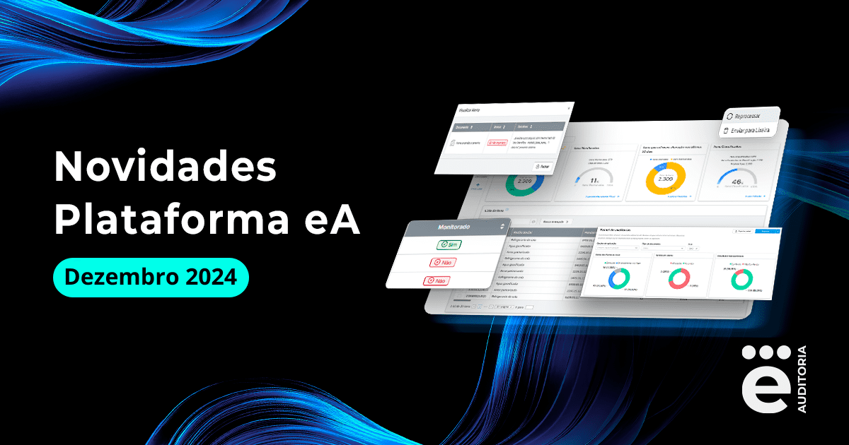 A imagem apresenta um fundo preto com listras azuis e, à esquerda, uma inserção escrita Novidades da Plataforma eA - Novembro de 2024. Á direita, estás uma inserção de capturas de tela da Plataforma eA. É uma imagem para a publicação sobre o novo recurso de Cadastro de empresas em lote na Plataforma eA.