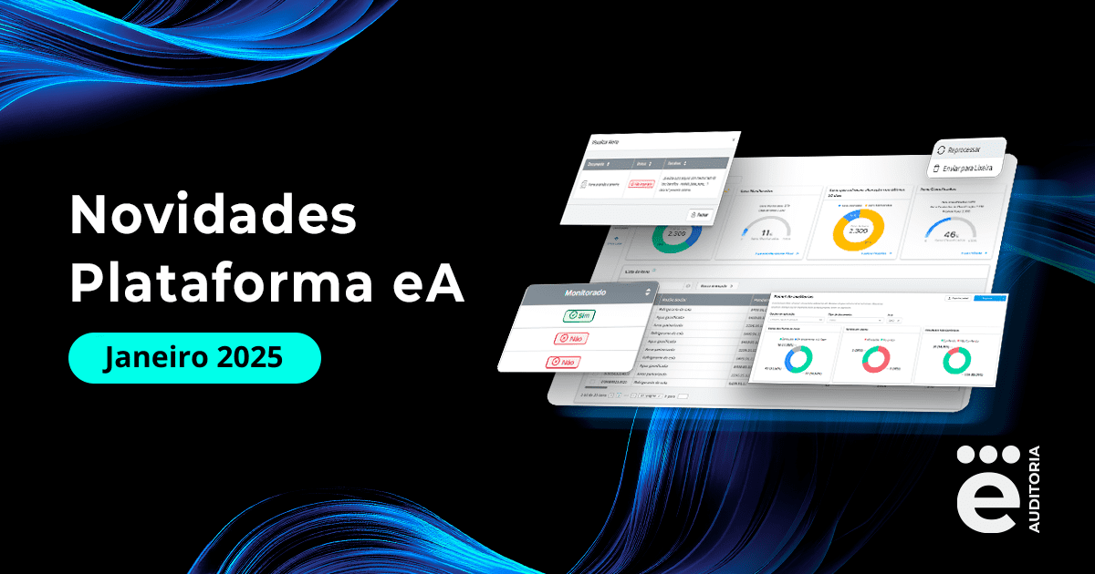 A imagem apresenta um fundo preto com listras azuis e, à esquerda, uma inserção escrita Novidades da Plataforma eA - Novembro de 2024. Á direita, estás uma inserção de capturas de tela da Plataforma eA. É uma imagem para a publicação sobre o recurso de Agenda Tributária, da Plataforma eA.