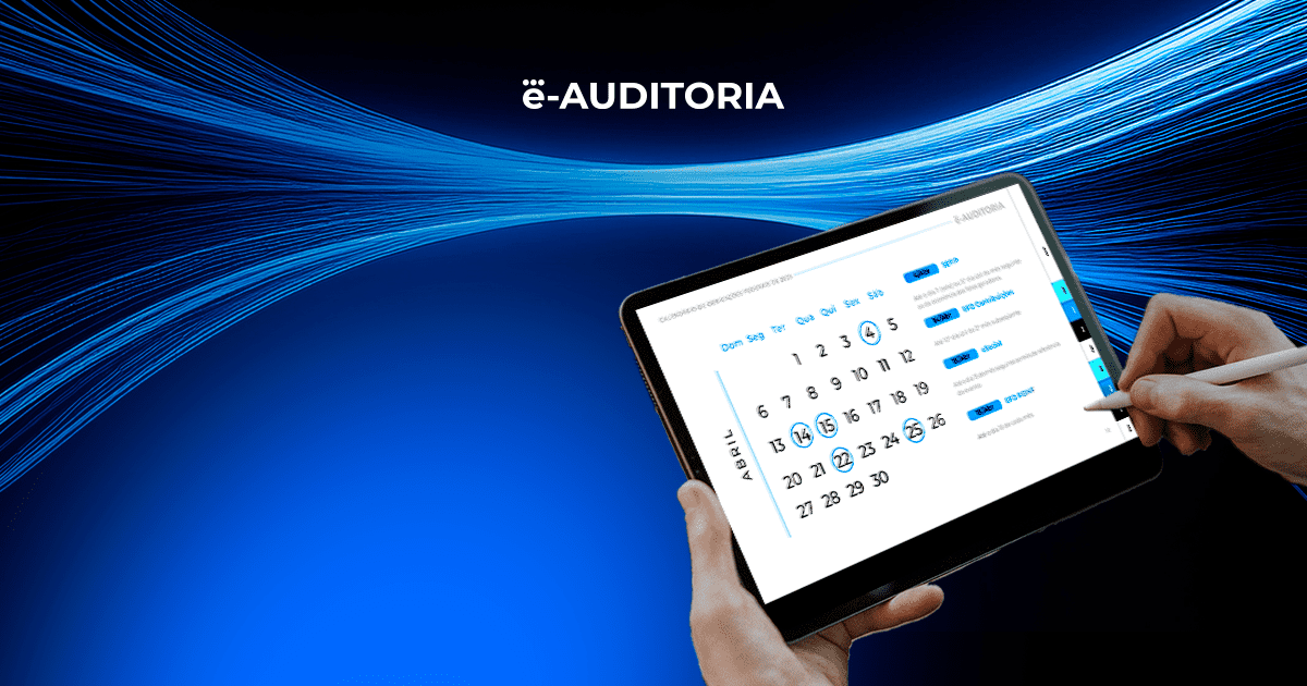 A imagem apresenta um fundo azul com as mãos de uma pessoa escrevendo em um tablet que aparece um calendário, que está apresentando o Calendário de Obrigações Federais em 2025.