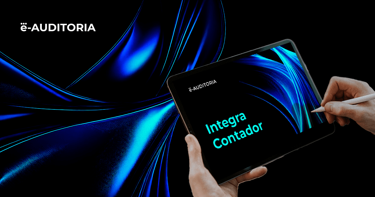 A imagem apresenta um fundo azul com as mãos de uma pessoa escrevendo em um tablet que aparece a capa do eBook, que está apresentando eBook Integra Contador.