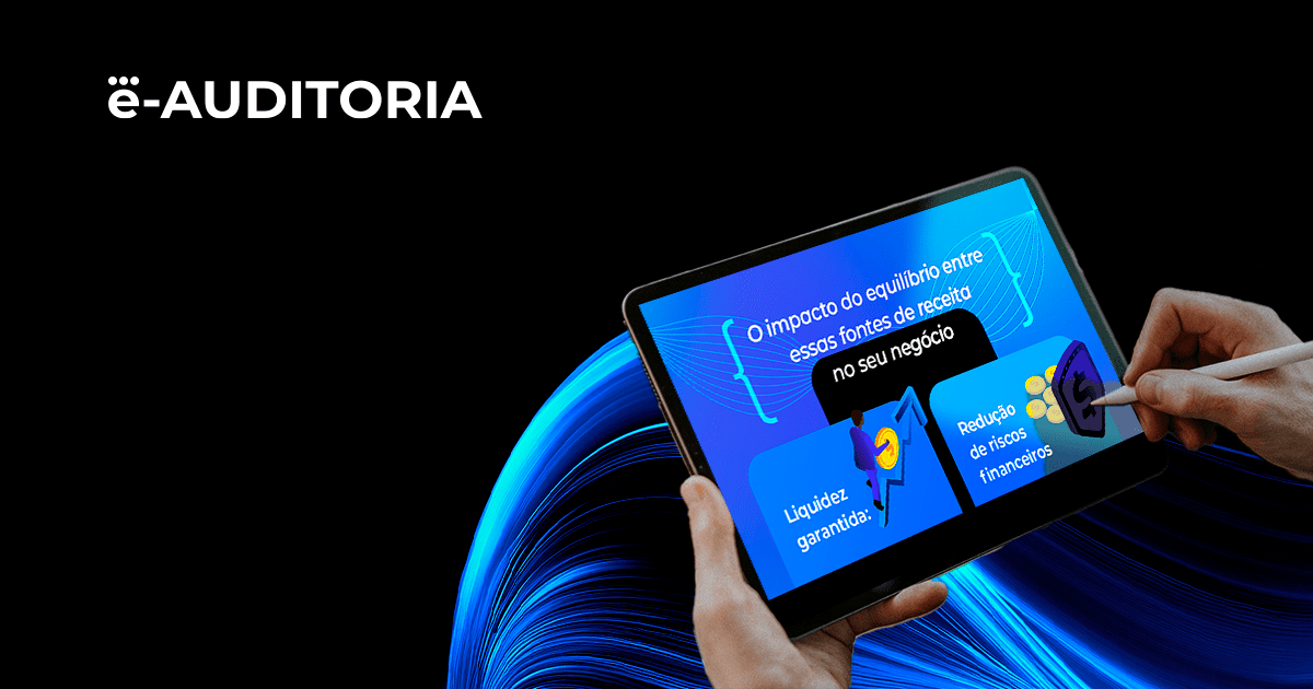 A imagem apresenta um fundo azul com as mãos de uma pessoa escrevendo em um tablet, que está apresentando o infográfico de Honorários Recorrentes x Honorários Sobre Êxito.