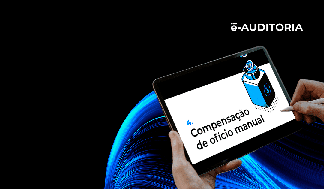 A imagem apresenta um fundo azul e preto com as mãos de uma pessoa escrevendo em um tablet que aparece a capa do eBook, que está apresentando Infográfico RCT - Restituição de crédito do Simples Nacional